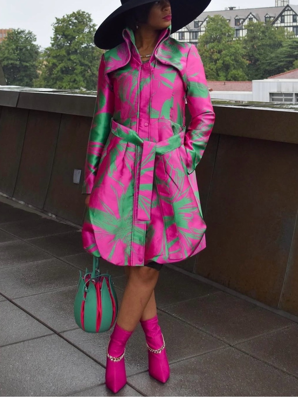 Pink and Green Jacquard Belted Bubble Hem Jacket Dress